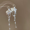 Silver Needle Earrings With Diamond Inlaid Imitation Pearl Petals And Tassel Geometric Shape High End And Versatile Design