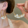 Silver Needle Earrings With Diamond Inlaid Imitation Pearl Petals And Tassel Geometric Shape High End And Versatile Design