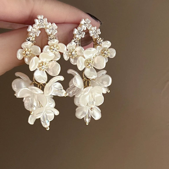 Silver Needle Earrings With Diamond Inlaid Imitation Pearl Petals And Tassel Geometric Shape High End And Versatile Design
