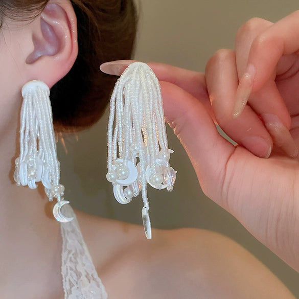 Silver Needle Earrings With Diamond Inlaid Imitation Pearl Petals And Tassel Geometric Shape High End And Versatile Design