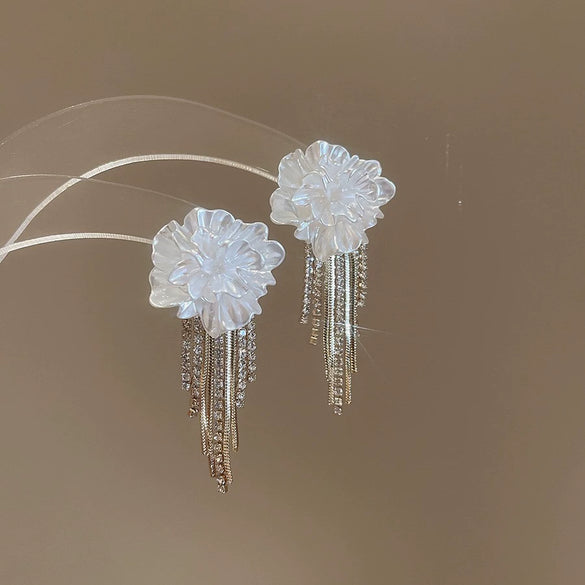 Silver Needle Earrings With Diamond Inlaid Imitation Pearl Petals And Tassel Geometric Shape High End And Versatile Design