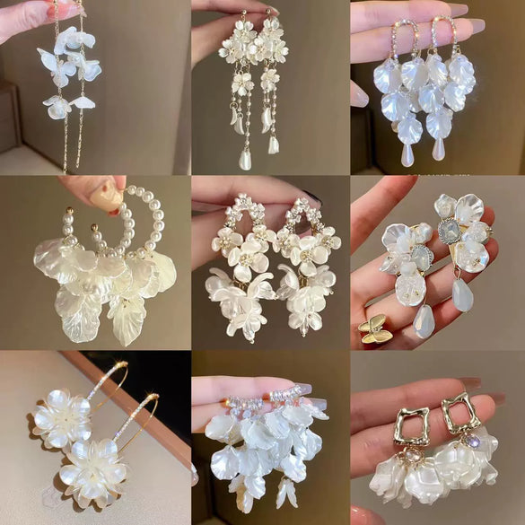 Silver Needle Earrings With Diamond Inlaid Imitation Pearl Petals And Tassel Geometric Shape High End And Versatile Design