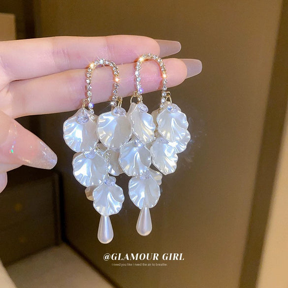 Silver Needle Earrings With Diamond Inlaid Imitation Pearl Petals And Tassel Geometric Shape High End And Versatile Design