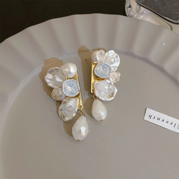 Silver Needle Earrings With Diamond Inlaid Imitation Pearl Petals And Tassel Geometric Shape High End And Versatile Design