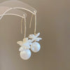 Silver Needle Earrings With Diamond Inlaid Imitation Pearl Petals And Tassel Geometric Shape High End And Versatile Design
