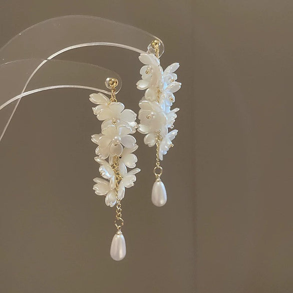 Silver Needle Earrings With Diamond Inlaid Imitation Pearl Petals And Tassel Geometric Shape High End And Versatile Design