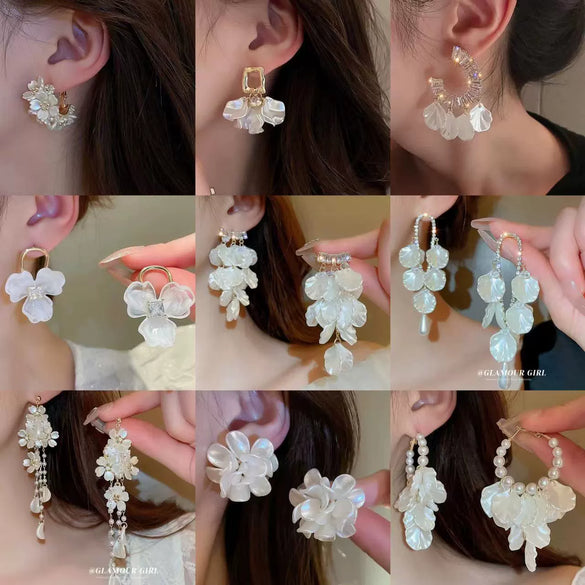 Silver Needle Earrings With Diamond Inlaid Imitation Pearl Petals And Tassel Geometric Shape High End And Versatile Design