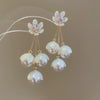 Silver Needle Earrings With Diamond Inlaid Imitation Pearl Petals And Tassel Geometric Shape High End And Versatile Design
