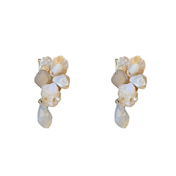 Silver Needle Earrings With Diamond Inlaid Imitation Pearl Petals And Tassel Geometric Shape High End And Versatile Design