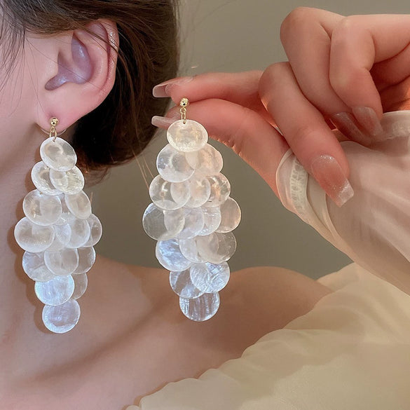 Silver Needle Earrings With Diamond Inlaid Imitation Pearl Petals And Tassel Geometric Shape High End And Versatile Design