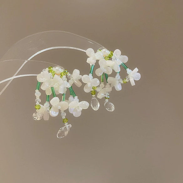 Silver Needle Earrings With Diamond Inlaid Imitation Pearl Petals And Tassel Geometric Shape High End And Versatile Design