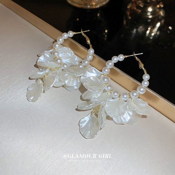 Silver Needle Earrings With Diamond Inlaid Imitation Pearl Petals And Tassel Geometric Shape High End And Versatile Design