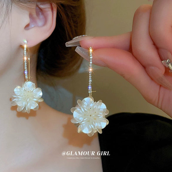 Silver Needle Earrings With Diamond Inlaid Imitation Pearl Petals And Tassel Geometric Shape High End And Versatile Design