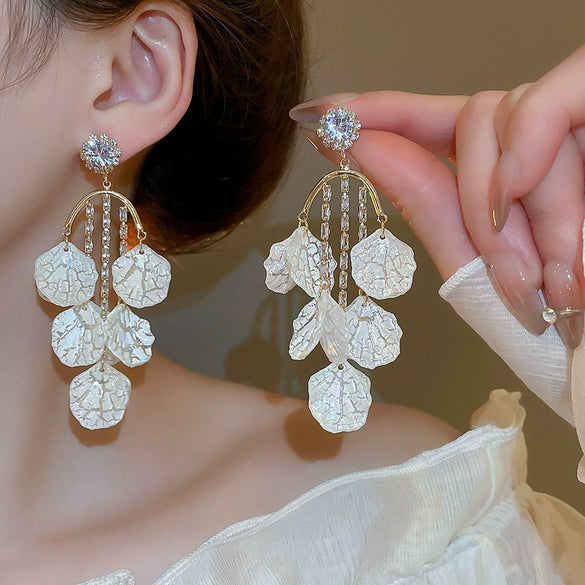 Silver Needle Earrings With Diamond Inlaid Imitation Pearl Petals And Tassel Geometric Shape High End And Versatile Design