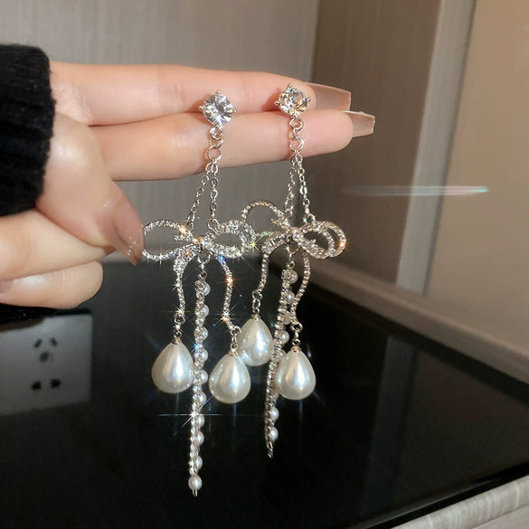 Silver Needle Earrings With Diamond Inlaid Imitation Pearl Petals And Tassel Geometric Shape High End And Versatile Design