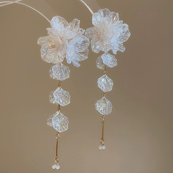 Silver Needle Earrings With Diamond Inlaid Imitation Pearl Petals And Tassel Geometric Shape High End And Versatile Design