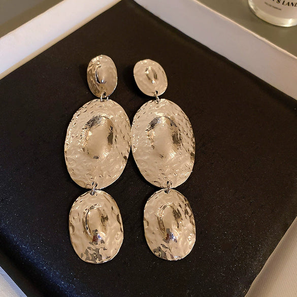 Silver Needle Exaggerated Metal Oval Earrings With Heavy Industry Design Sense And Electroplating Geometric Pattern Antique Style For Women