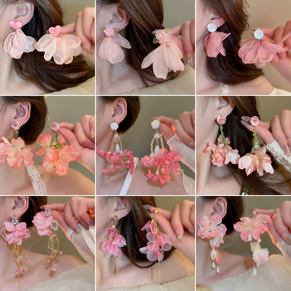 Silver Needle Fabric Flower Tassel Imitation Pearl Handmade Geometric Women's Earrings