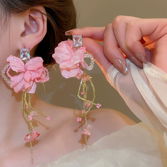 Silver Needle Fabric Flower Tassel Imitation Pearl Handmade Geometric Women's Earrings