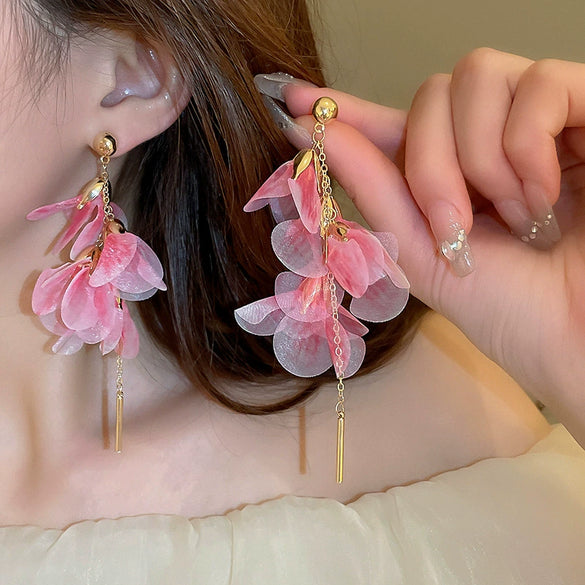 Silver Needle Fabric Flower Tassel Imitation Pearl Handmade Geometric Women's Earrings