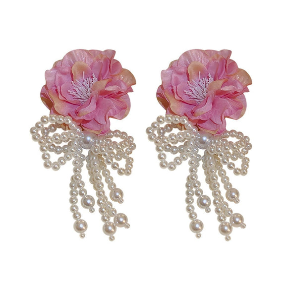 Silver Needle Fabric Flower Tassel Imitation Pearl Handmade Geometric Women's Earrings