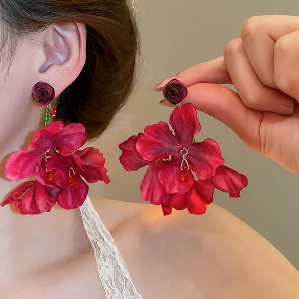 Silver Needle Fabric Flower Tassel Imitation Pearl Handmade Geometric Women's Earrings
