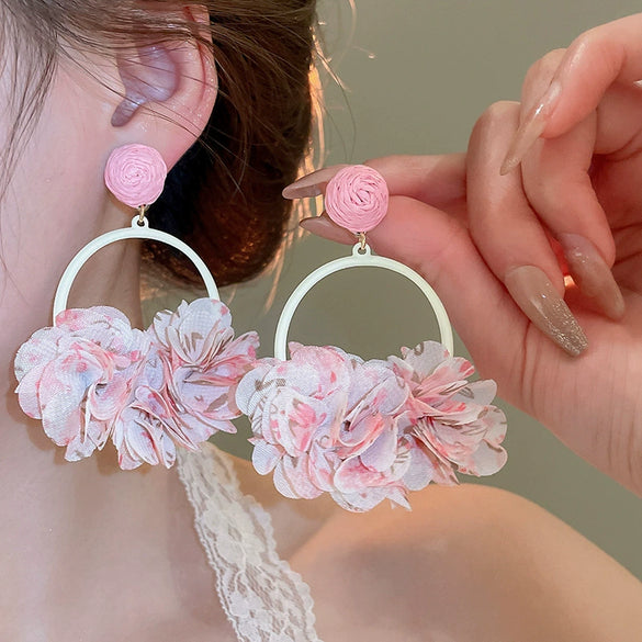 Silver Needle Fabric Flower Tassel Imitation Pearl Handmade Geometric Women's Earrings