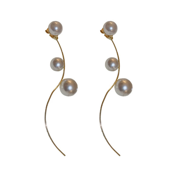 Silver Needle French Pearl Tassel Metal Earrings With Geometric Pattern And Pearl Inlaid For Women