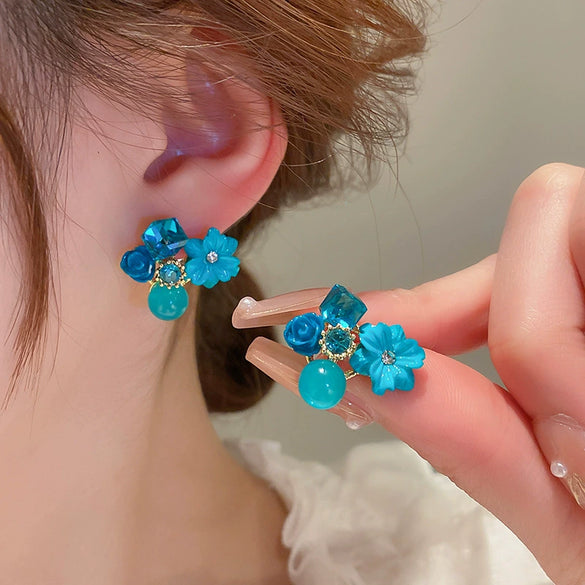 Silver Needle Glass Crystal Flower Earrings In Fresh Style With Electroplating For Women