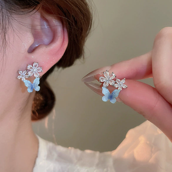 Silver Needle Glass Crystal Flower Earrings In Fresh Style With Electroplating For Women