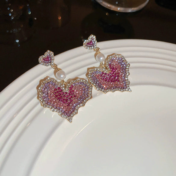 Silver Needle Imitation Pearl Double Loop Heart Shape Inlaid Love Earrings For Women Light Luxury Niche All Match Elegant High End Earrings