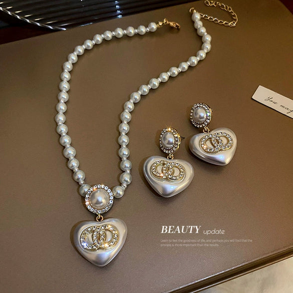 Silver Needle Imitation Pearl Double Loop Heart Shape Inlaid Love Earrings For Women Light Luxury Niche All Match Elegant High End Earrings