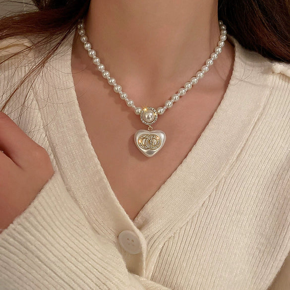 Silver Needle Imitation Pearl Double Loop Heart Shape Inlaid Love Earrings For Women Light Luxury Niche All Match Elegant High End Earrings