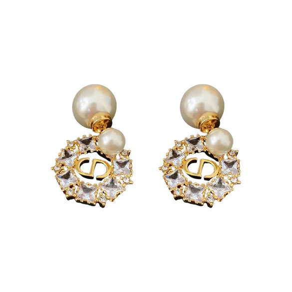 Silver Needle Imitation Pearl Earrings With Letter Shape Gold Electroplated And Zirconia Design For Women
