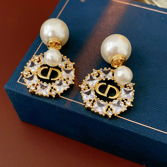 Silver Needle Imitation Pearl Earrings With Letter Shape Gold Electroplated And Zirconia Design For Women
