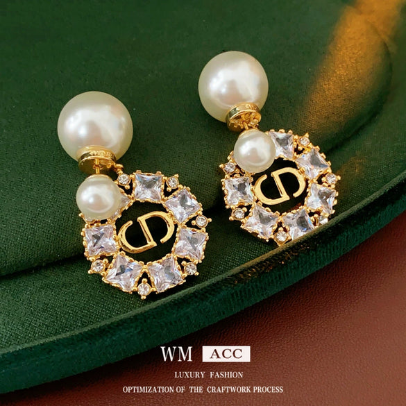 Silver Needle Imitation Pearl Earrings With Letter Shape Gold Electroplated And Zirconia Design For Women