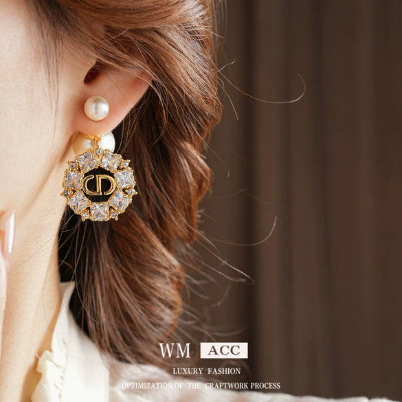 Silver Needle Imitation Pearl Earrings With Letter Shape Gold Electroplated And Zirconia Design For Women