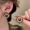 Silver Needle Inlaid With Diamonds And Pearls Artificial Tiger Eye Stone Retro Elegant Geometric Earrings Pearl Inlaid