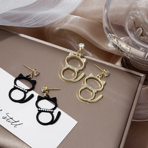 Silver Needle Long Tassel Microinlaid Zircon Elegant Cute Cat Alloy Earrings With Electroplating For Women