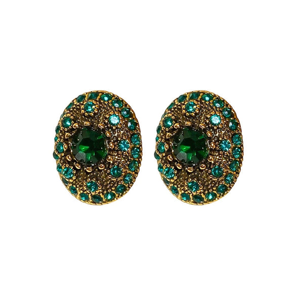 Silver Needle Oval Geometric Alloy Earrings With Emerald Diamond For Women Retro Light Luxury Elegant Style