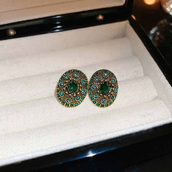 Silver Needle Oval Geometric Alloy Earrings With Emerald Diamond For Women Retro Light Luxury Elegant Style
