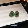 Silver Needle Oval Geometric Alloy Earrings With Emerald Diamond For Women Retro Light Luxury Elegant Style