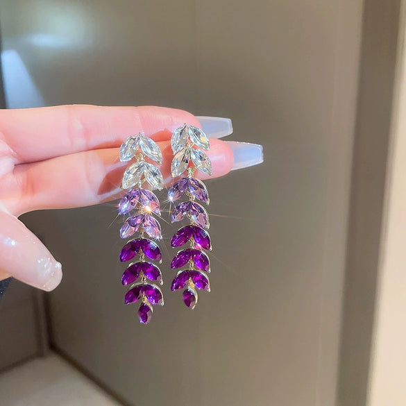 Silver Needle Purple Diamond Flower Women's Exaggerated Long Tassel Earrings Alloy Geometric Inlaid Crystal