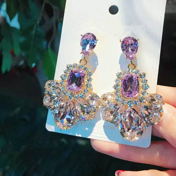 Silver Needle Purple Diamond Flower Women's Exaggerated Long Tassel Earrings Alloy Geometric Inlaid Crystal