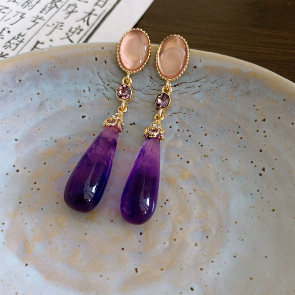 Silver Needle Purple Diamond Flower Women's Exaggerated Long Tassel Earrings Alloy Geometric Inlaid Crystal