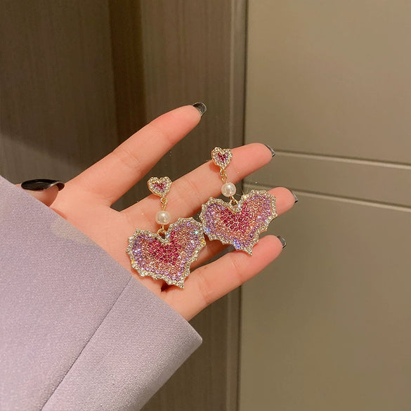 Silver Needle Purple Diamond Flower Women's Exaggerated Long Tassel Earrings Alloy Geometric Inlaid Crystal