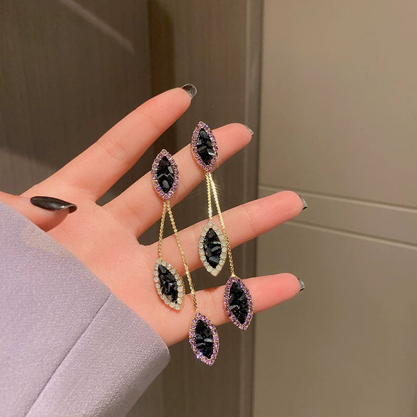 Silver Needle Purple Diamond Flower Women's Exaggerated Long Tassel Earrings Alloy Geometric Inlaid Crystal