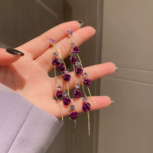 Silver Needle Purple Diamond Flower Women's Exaggerated Long Tassel Earrings Alloy Geometric Inlaid Crystal