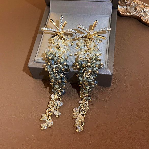 Silver Needle Zircon Flower Crystal Long Tassel Women's Earrings