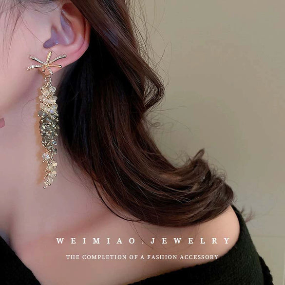 Silver Needle Zircon Flower Crystal Long Tassel Women's Earrings